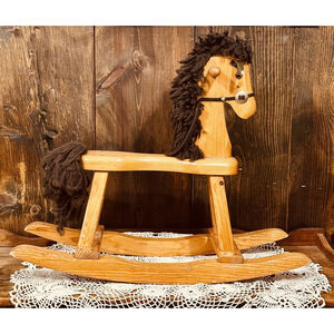 Vintage Handmade Wooden Rocking Horse with Yarn Mane/Tail Leather Ears Folk Art